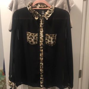 Sheer Black blouse w Leopard detail
